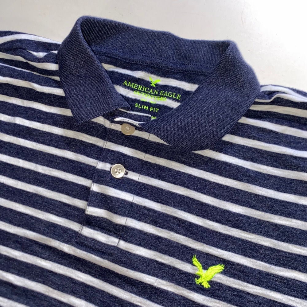 American Eagle Mens Slim Fit Striped Polo Shirt Navy Blue Neon Green Logo Small